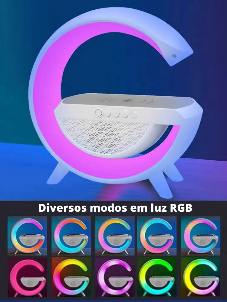 Caixa de Som Luminária Carregador Indução Luz RGB Multifuncional 6 em 1