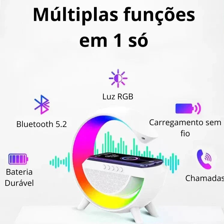 Caixa de Som Luminária Carregador Indução Luz RGB Multifuncional 6 em 1